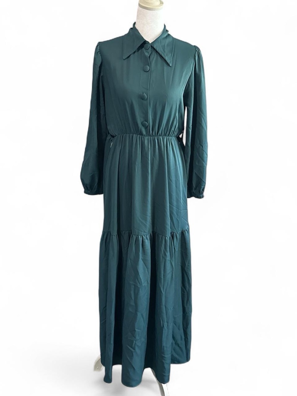 Modest Long Sleeve Teal Maxi Dress with Button Front